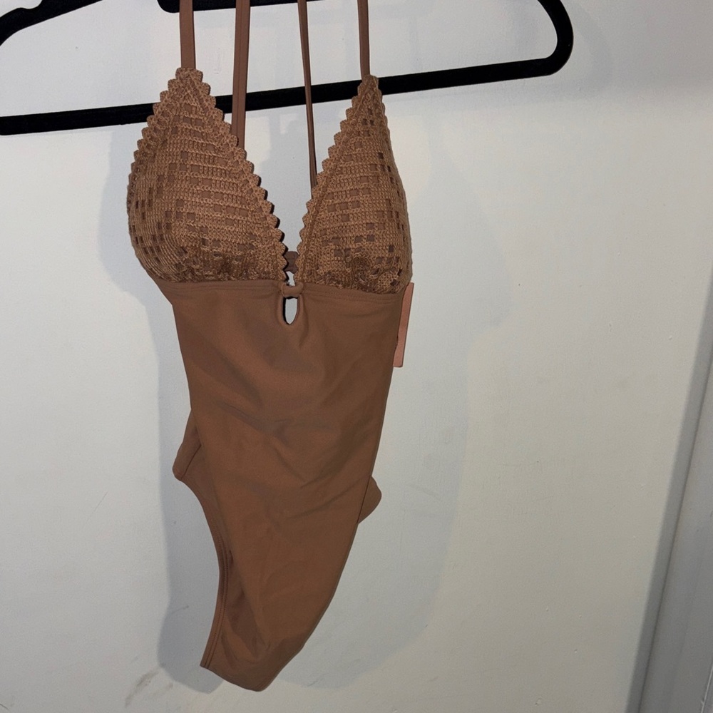 Shade & Shore Crochet-Trim One-Piece Swimsuit in Brown